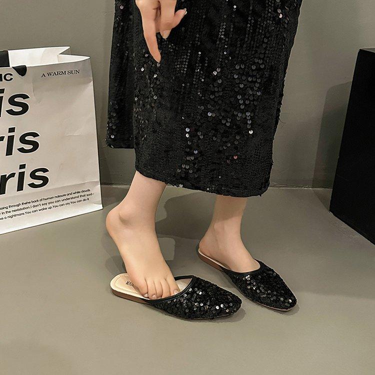 Fashion Shoes Woman 2025 Female Mule Cover Toe Slippers Flat Pantofle Luxury Slides Mules Soft New Designer Bling Fashion Cover Toe Fema