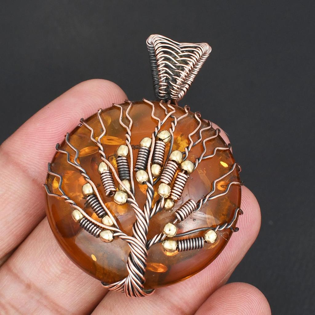 Vintage Tree of Life Wire Wrapped Pendant Natural Amber GemStone Copper Pendant Handmade Copper Jewelry Gift