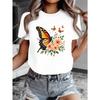 European Size European Size Women's Pure T-Shirt with White & Pink Butterfly & Rose Print - Short Sleeve Round Neck Casual Blush Top