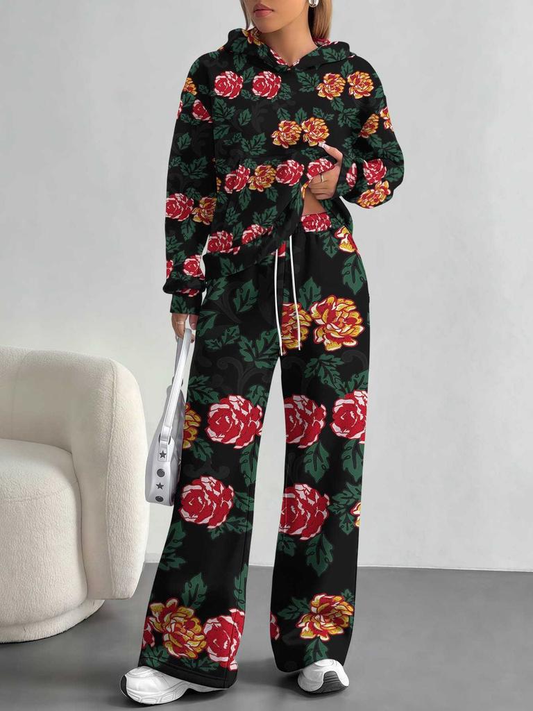 European and American Autumn and Winter Casual Long-sleeved Suit Women's Hooded Sweater Trousers Two-piece Set Retro Elements
