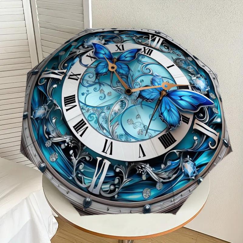 1pc Blue Butterfly Clock Design Umbrella with Plastic Handle,Suitable for All Seasons Home Travel Outdoor UmbrellaDD157