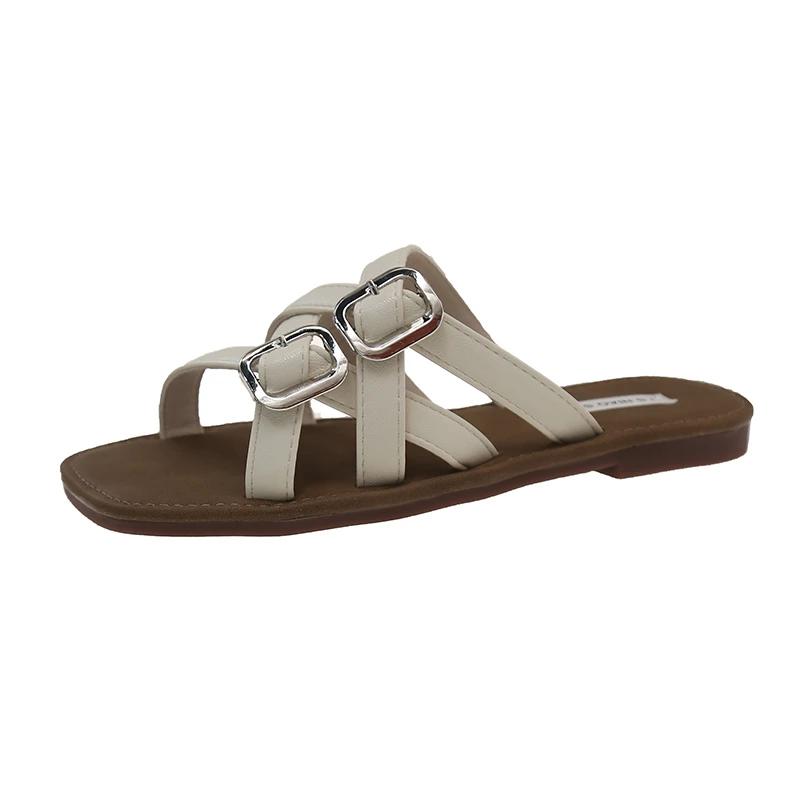 

2025 New Summer Open Toe Fashion Narrow Strap Double-breasted Buckle Design Square Head Beach Flip Flops Flat 35 бежевый