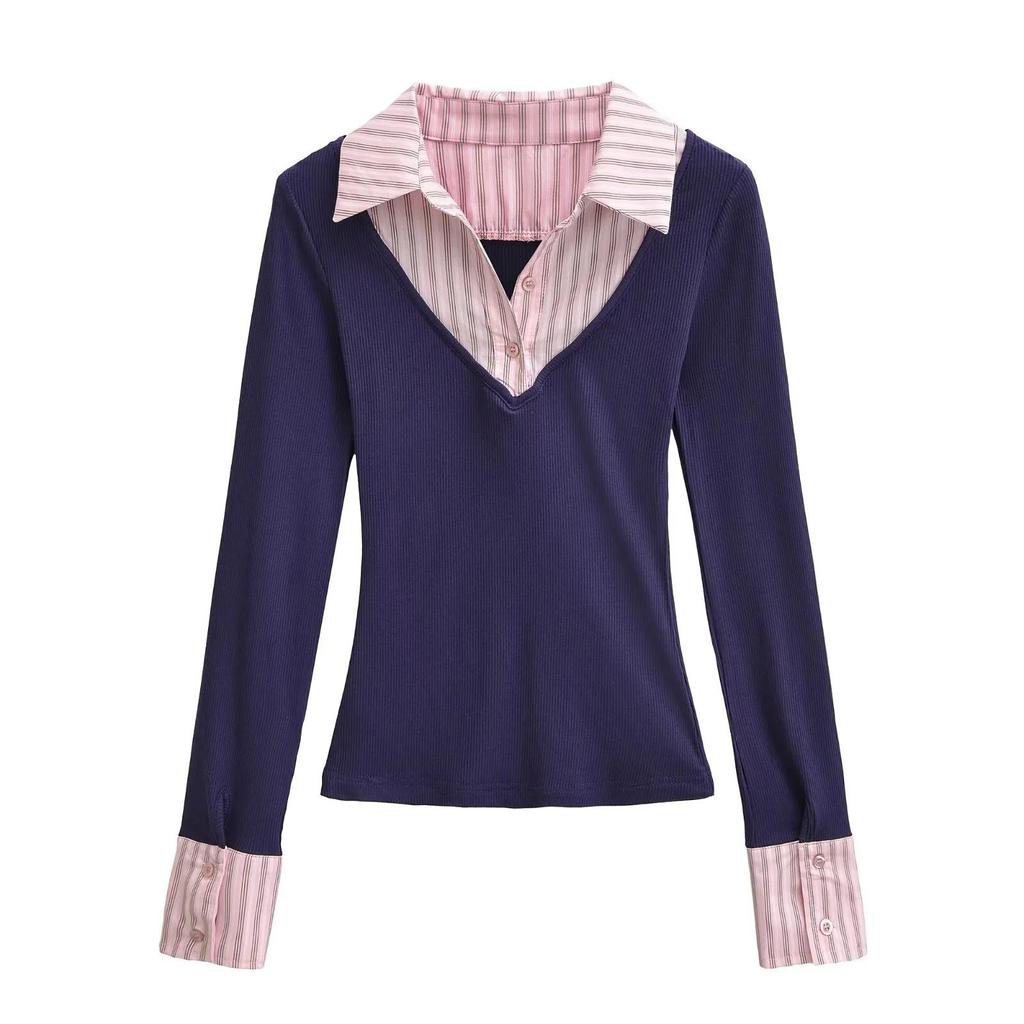 Women's College-Style Faux Two-Piece Striped Patchwork Slimming Long-Sleeve Lapel T-Shirt, Autumn/Winter Korean Style.