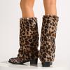 Leopard Print Faux Fur Knee High Boots Women Winter Fashion Warm Plush Long Boots Woman Slip On Chunky Heel Shark Botas De Mujer
