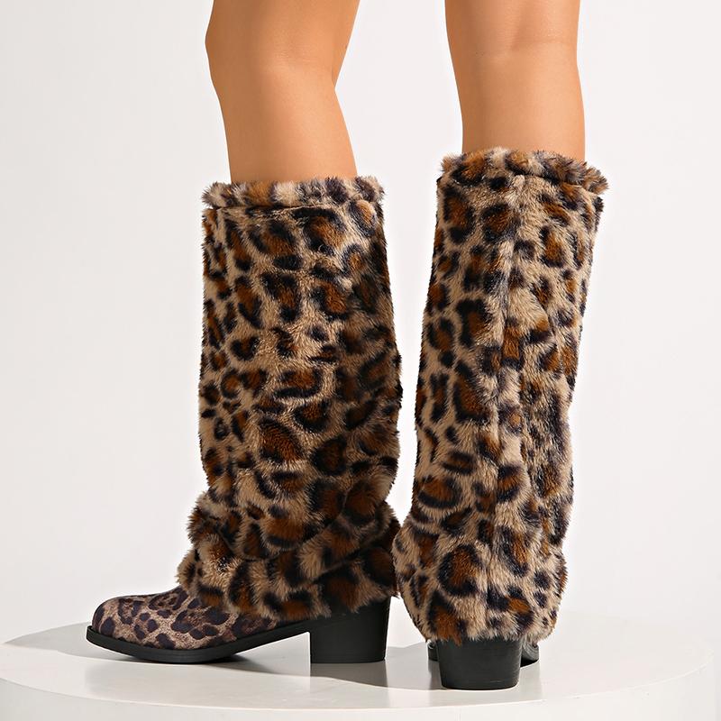 Leopard Print Faux Fur Knee High Boots Women Winter Fashion Warm Plush Long Boots Woman Slip On Chunky Heel Shark Botas De Mujer