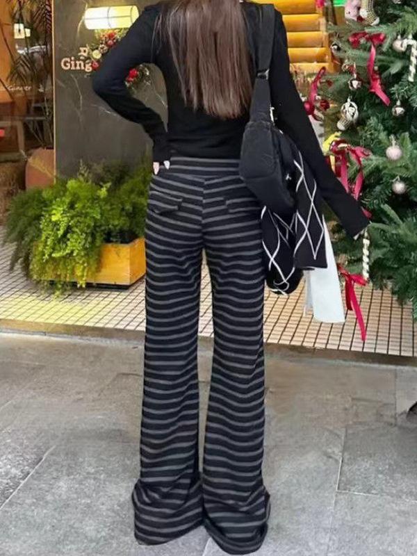 Hohe Taille, schmal geschnittene, schwarz gestreifte Micro-Flare Wide-Leg Jogginghose für Damen - Herbst/Winter Koreanischer Stil