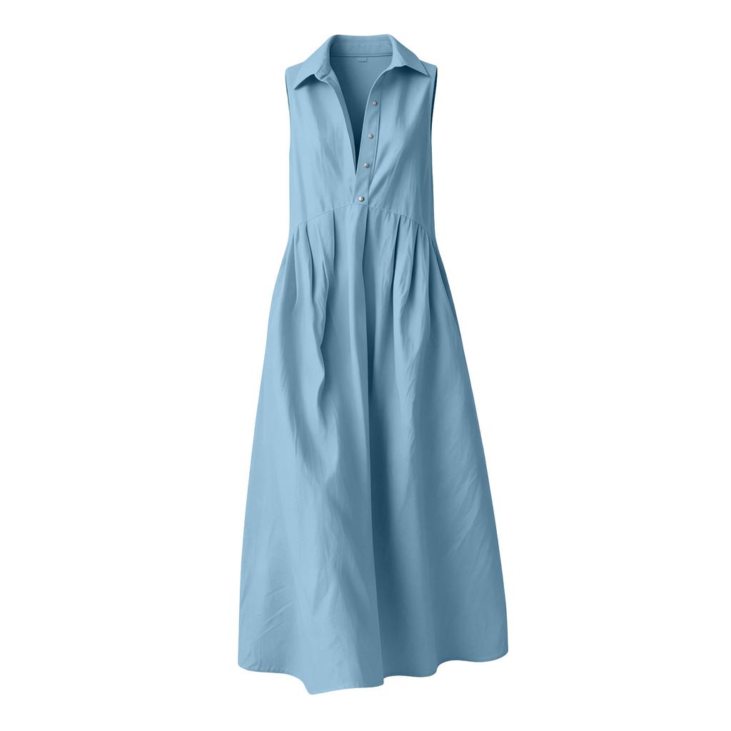 Women Sleeveless Collared Button Down Loose Fit Long Dress Casual Solid Shirt Dress with Pockets for Everyday Wear