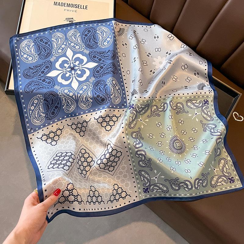 Blue Cherry Blossom Chessboard Mulberry Silk Scarf Female Simulation Silk Scarf Decorative Scarf Mom Shawl 70Cm Square Scarf