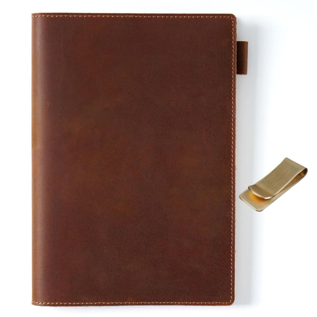 MALFY A5 Leather Notebook Cover, Genuine Leather Book Cover, Premium Crazy Horse Leather with Brass Book Clip (Brown, A5)
