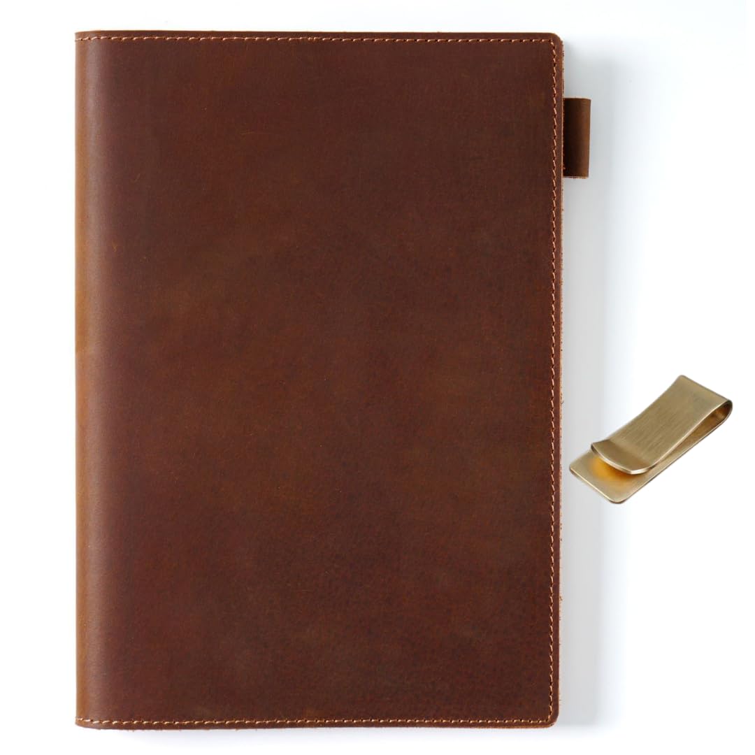 

MALFY A5 Leather Notebook Cover, Genuine Leather Book Cover, Premium Crazy Horse Leather with Brass Book Clip (Brown, A5)
