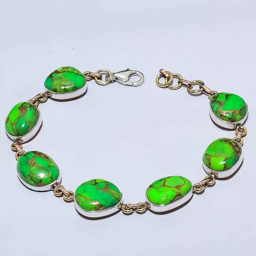 Natural Copper Turquoise Gemstone 925 Sterling Silver TwoTone Bracelet 7-8" R5H14