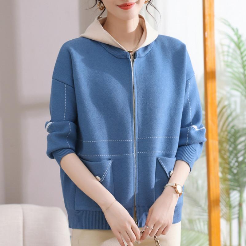 Autumn and Winter Mother's Hooded Jacket Age-reducing Loose Medium and Old Women's Knitted Sweater Women's Long Spring and Autumn Coat Top