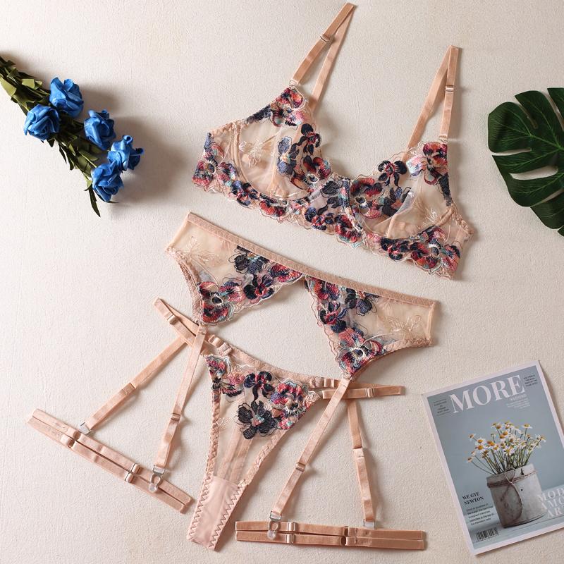 InstaBay Sexy Mesh Transparent Embroidery 3 Piece Sets Fancy Beautiful Skin Care Underwear Kits Erotic Intimate Suit With Garter