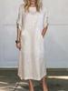 2024 Fall/Winter Women's Cotton Linen Solid Color Casual Round Neck Long Dress with Double Side Pockets