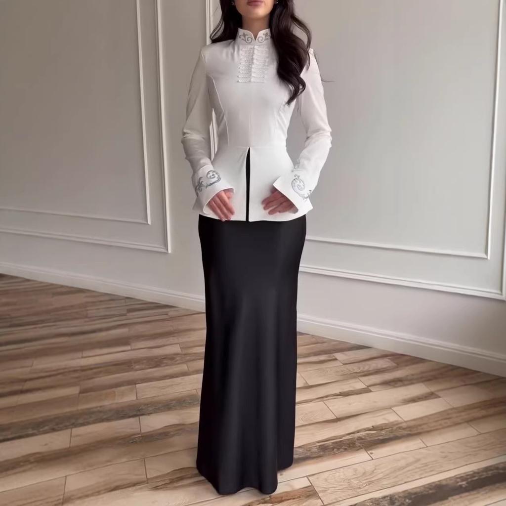 Cross-border European and American women's clothing  Amazon standing leader pattern handicap temperament long-sleeved jacket lace-up hip skirt
