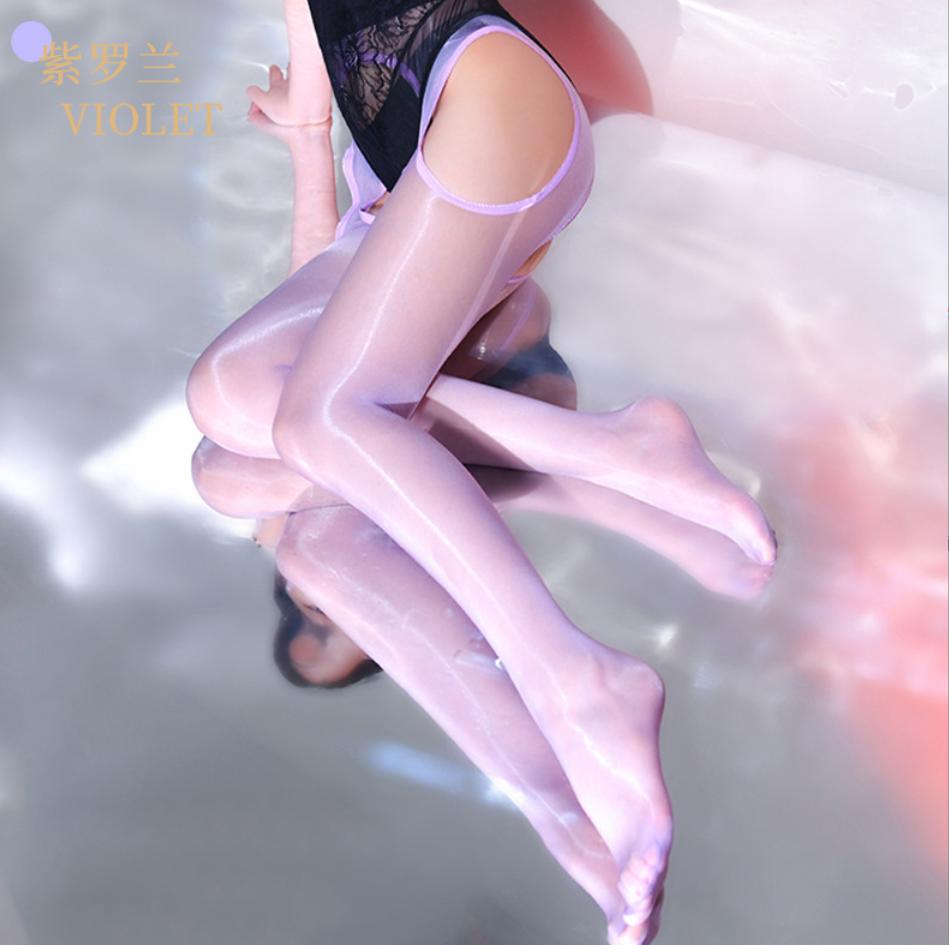 1D Aurora Series Oil Shiny Transparent Silky Stretchy Pantyhose Women Sexy Lace Cut Four Sides Open Crotch Tights Club Dance