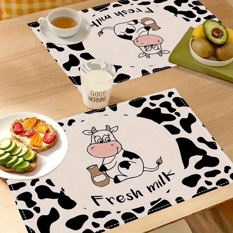 2/4pcs Nongc Cow Pattern Placemats - 12x18 Inch Rectangular Polyester Table Mats with Cute Cartoon Cow Design & "Fresh Milk" Text, Machine Washable