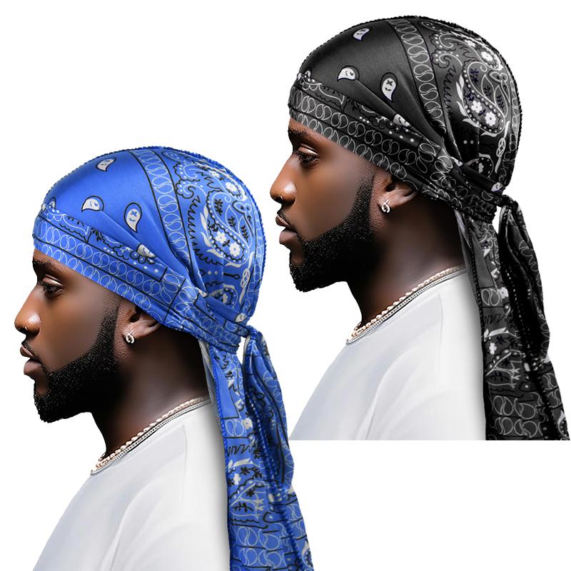

2PCS/LOT New Amoeba printed silk pirate hat Men Long Tail Pirate Cap Waves Strap Strap Baotou Release Hat unisex One Size