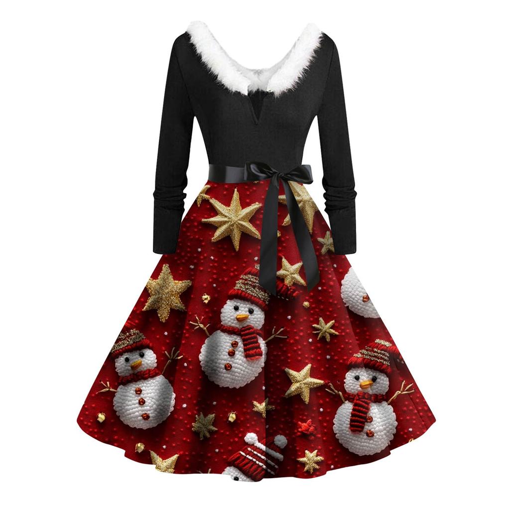 Damen Casual Fashion Langarm Weihnachten Grafik Bedruckte Vintage Lange Kleider