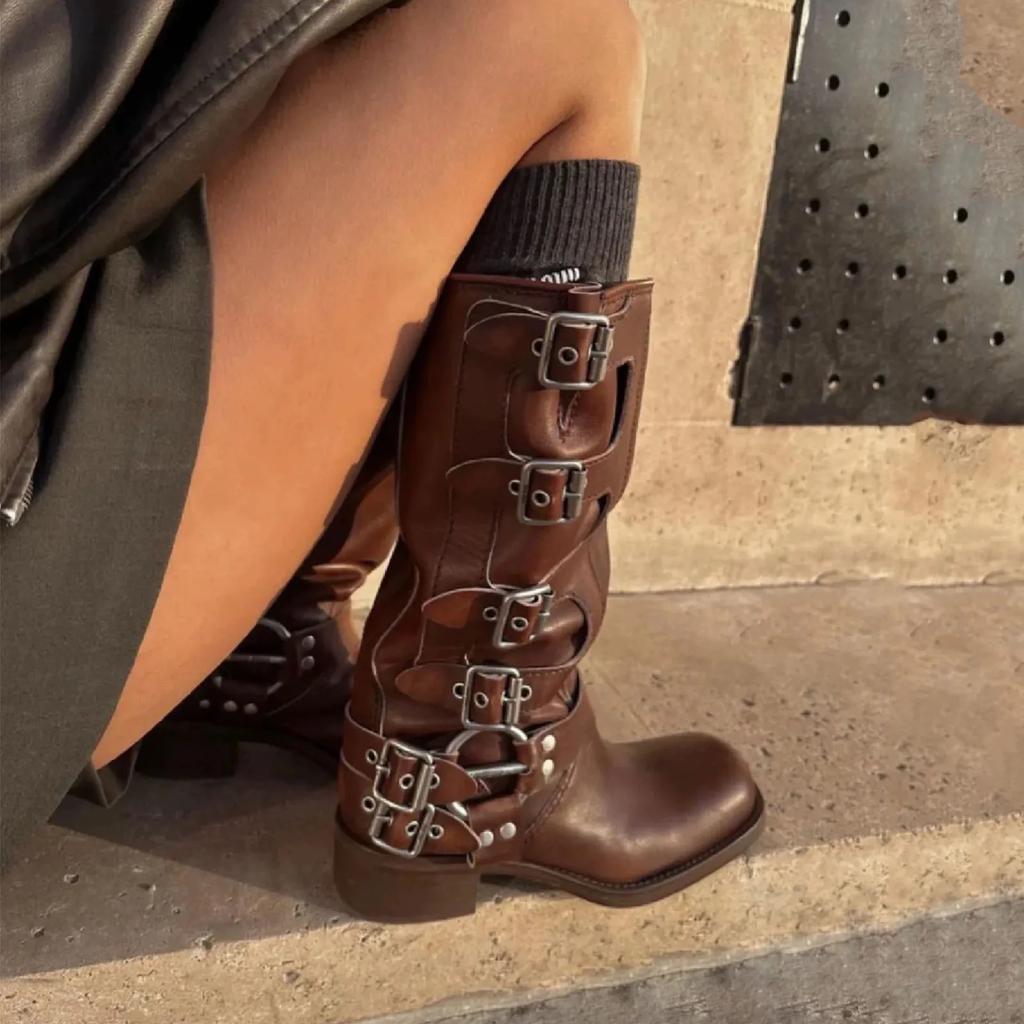 Fashion Fashion Women's Boots 2025 Genuine Leather Platform Rivet Motorcycle Boots Round Toe Belt Buckle Block Shoes for Women Zapatos