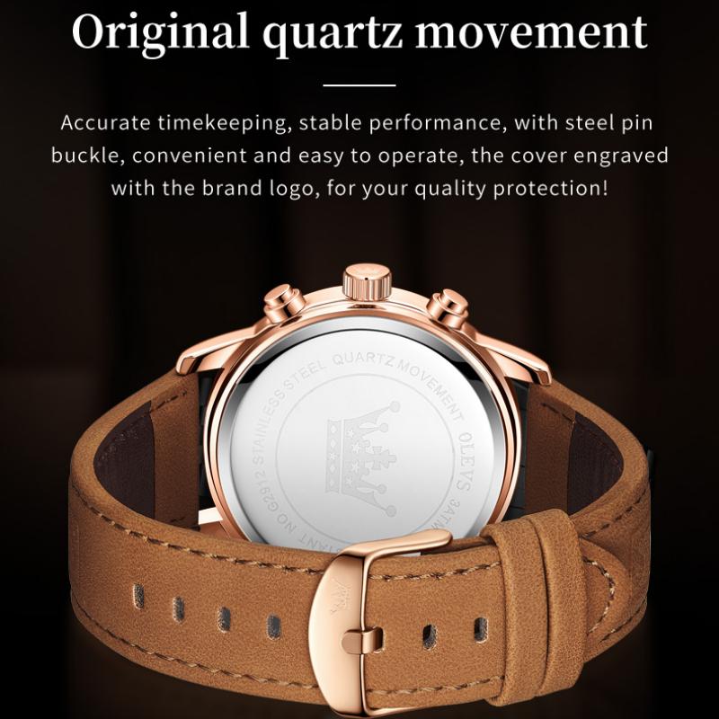 OLEVS Quartz Watch for Men Moon Phase Chronograph Auto Date Fashion Casual Suede Leather Strap Original Waterproof Watches