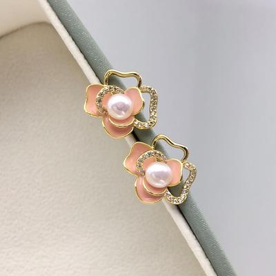 Gold Pink Camellia Freshwater Pearl Stud Earrings - Elegant Flower Design