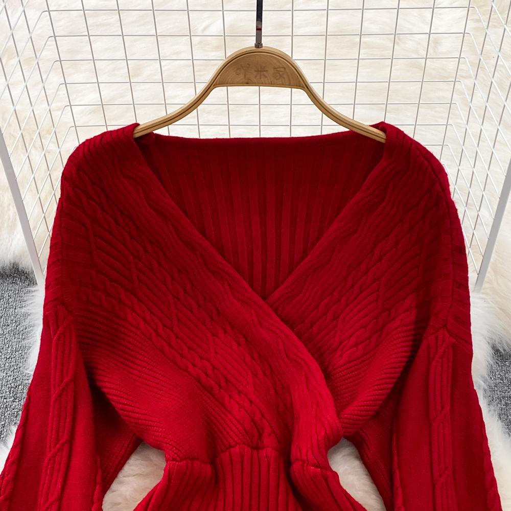 Podzimní zima elegantní pletené svetrové šaty s výstřihem do V s dlouhým rukávem Sexy mini dámské tužkové úplety