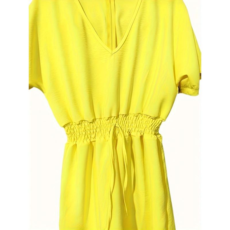 Solid V Neck Romper, Elegant Short Sleeve Shirred Waist Jumpsuit For Spring & Summer, Women's Clothing