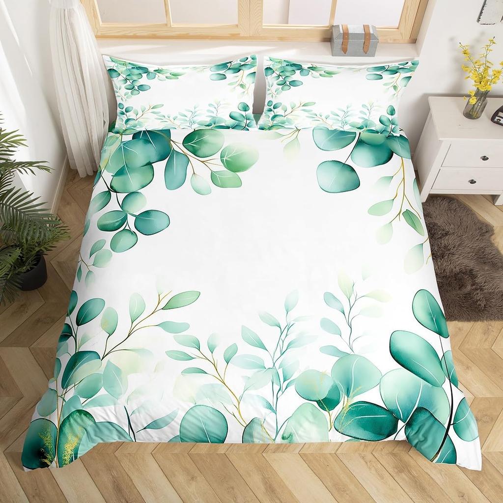 Sage Green Botanical Comforter Cover Eucalyptus Leaves Duvet Cover Spring Watercolor Plants Bedding Set Rustic Farmhouse Bed Set