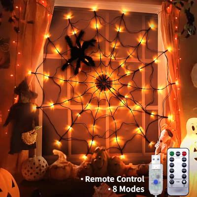 1 ΤΕΜ. Φωτάκια Ιστός Αράχνης Halloween Δίχτυ Αράχνης LED Αλυσίδα Φωτισμού με 8 Λειτουργίες Φωτισμού για Σπίτι με Φαντάσματα Διακόσμηση Παραθύρου Τοίχου Halloween