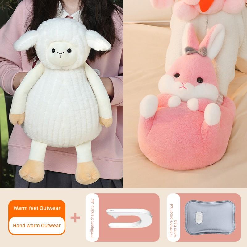 Hot Water Bottle, Rechargeable Hand Warmer, Explosion-Proof Plush Belly Warmer, Cute Hot Water Bag for Women's Bedding