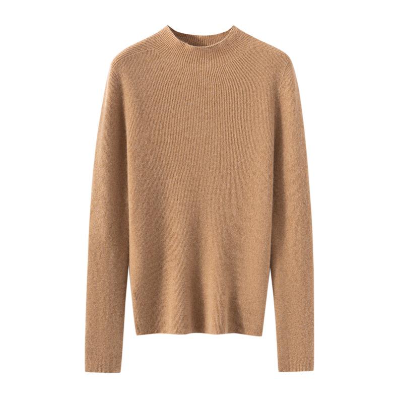 Women’s Pure Cashmere Half-High Neck Seamless Knit Sweater - Long Sleeve Base Layer for Autumn/Winter