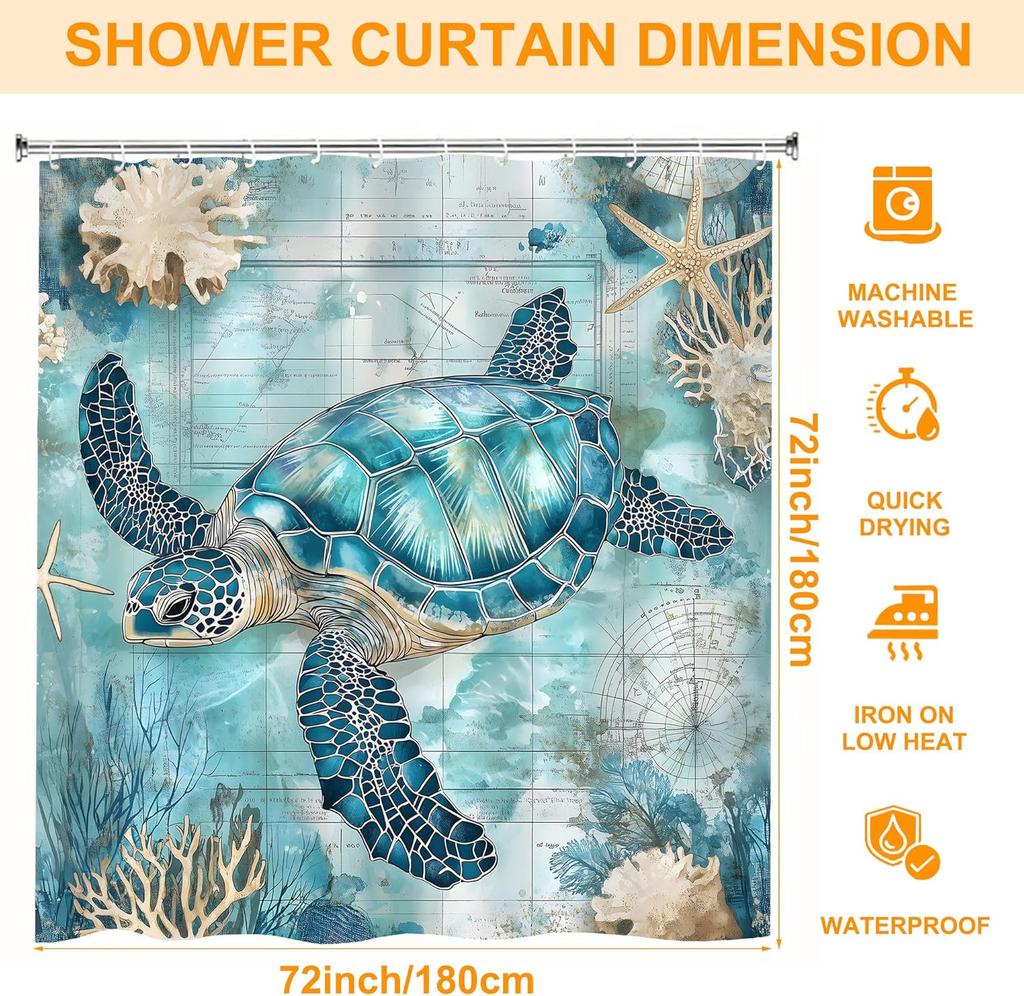 Sea Turtle Blue Ocean Starfish Shower Curtain,Bathroom Shower Curtains Bathtub Home Decor Waterproof Fabric Machine Washable wit