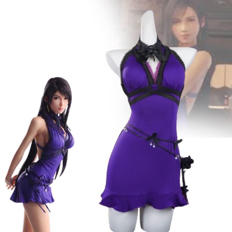 Elegant Fantasy Tifa Purple Dress Cosplay Outfit For Game Role Play In Polyester