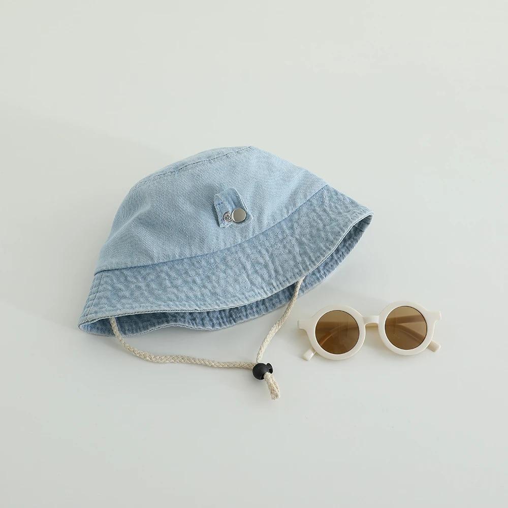 Solid Color Baby Hat With Sunglasses Spring Denim Bucket Hat Fisherman Hats For Kids 1-4 Year