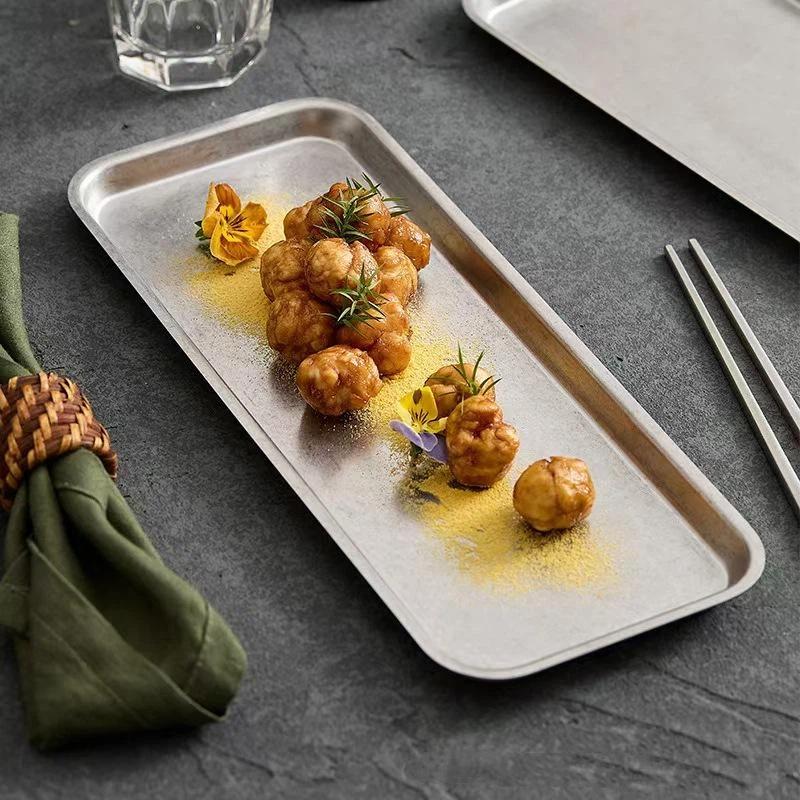 1Pcs Retro Stainless Steel Trays, Sushi Plates, Snack Plates, Pastry Plates, Oval Shallow Trays, Industrial-Style Tableware