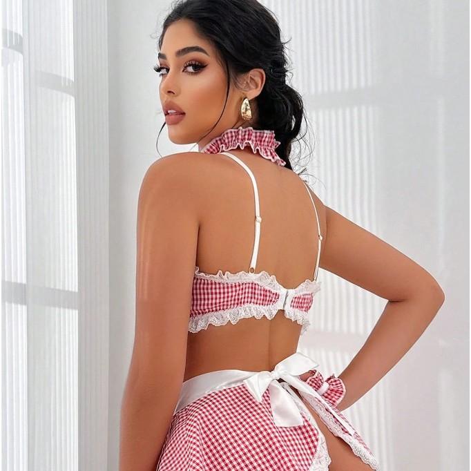 New Maid Uniform Seduction Suspender Plaid Bow Maid Cosplay Sex Set Spot