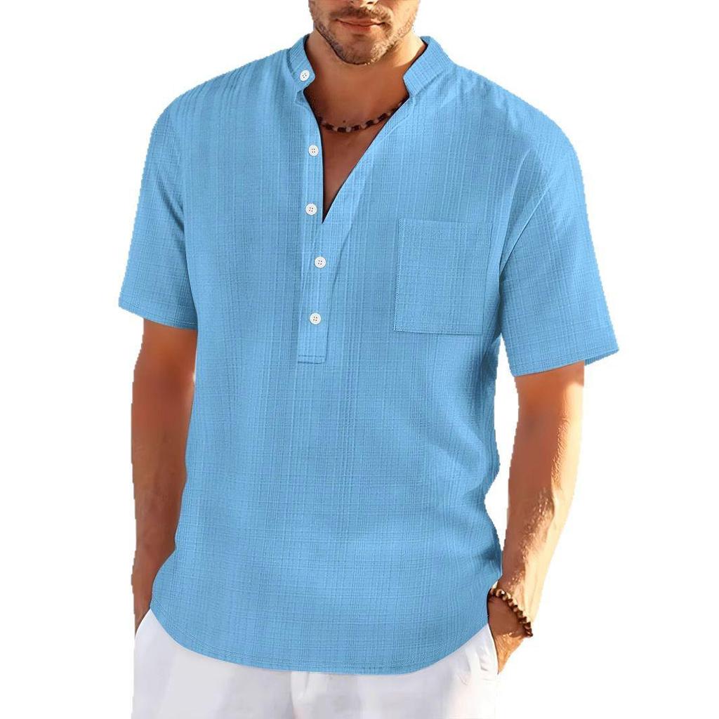 2025 Spring/Summer Men's Stand-Up Collar Short-Sleeve Henley Shirt - Loose Casual Vacation Style