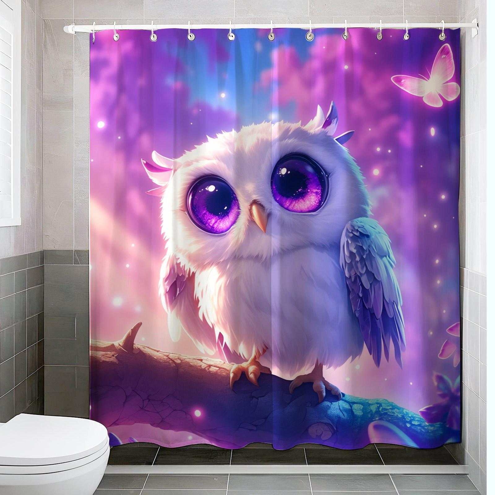 Whimsical Owl Shower Curtain - With Butterflies, Pastel Fantasy Design, Durable Fabric, Ideal for Kids  Bathroom Decor W90XH180cm
