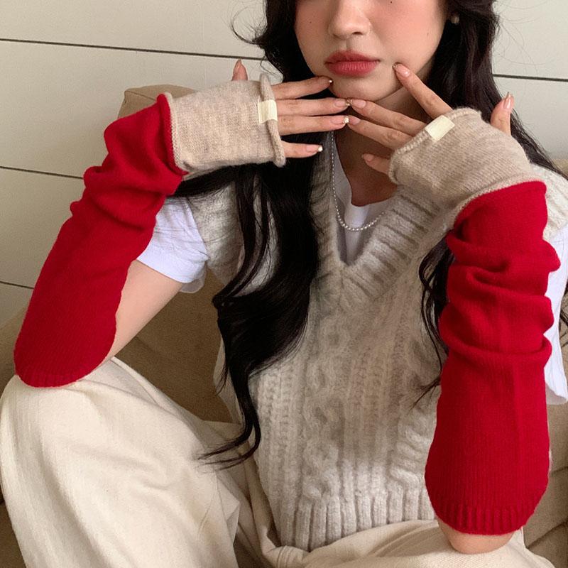 Imitation Wool Knitted Gloves For Women Winter Warm Arm Sleeves Touch Screen Mittens Separate Fingers Color Blocking Arm Cover