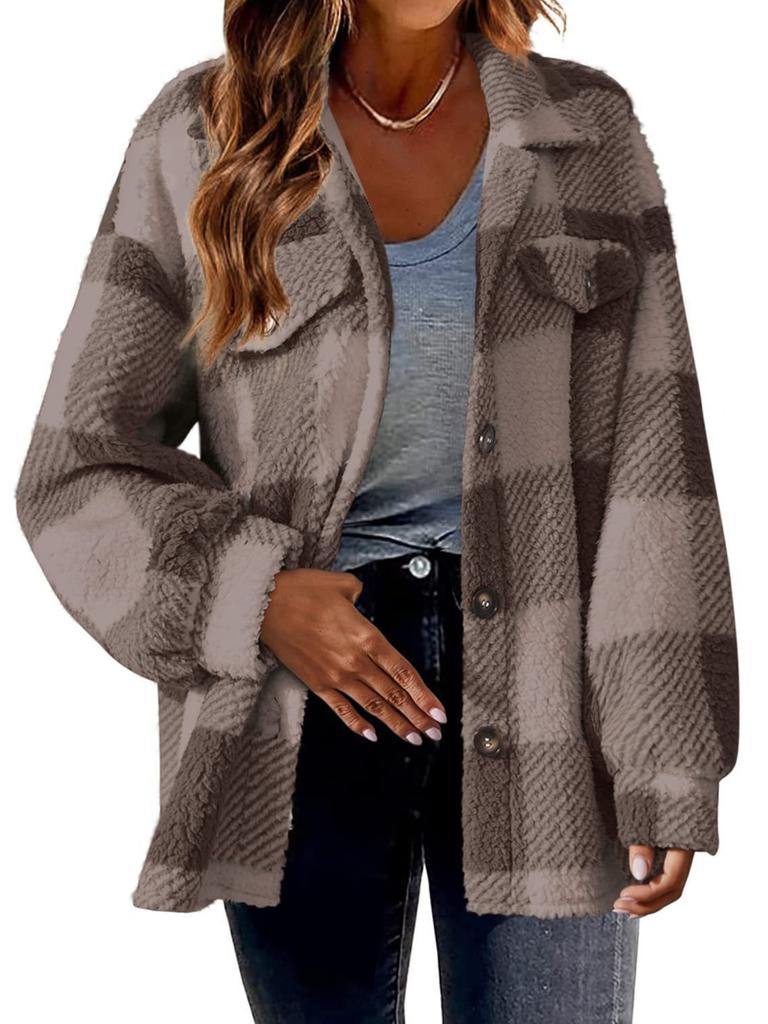 Women Plaid Fleece Jacket ,turndown Collar, Loose and Casual, Long-sleeved ,Fleece Jacket,button,pocket Jacket