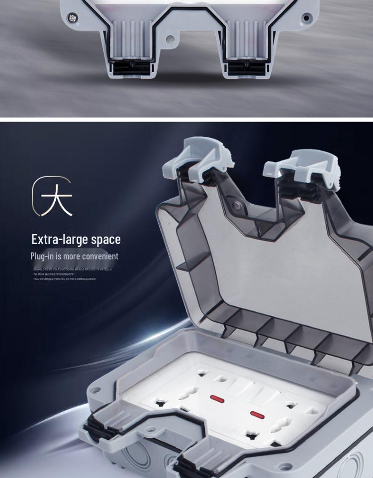 Outdoor Waterproof Dual Five-Hole Socket, Surface Mounted, Rainproof for Bathroom or Courtyard Use