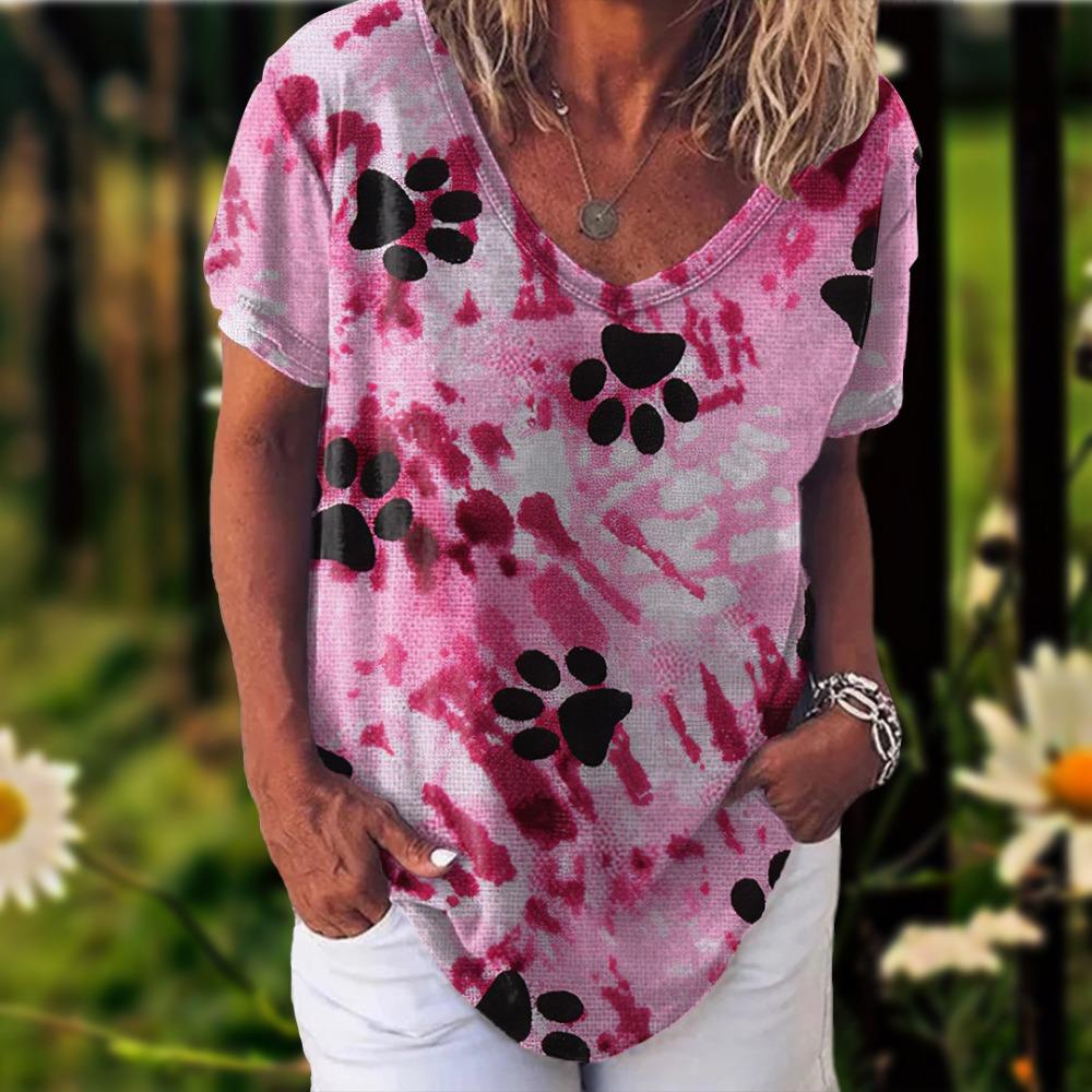 New Rainbow Watercolor Dog Paw 3D Printing T-shirt Women's V-neck Casual Short-sleeved Y2k Top Harajuku Tees Clothing
