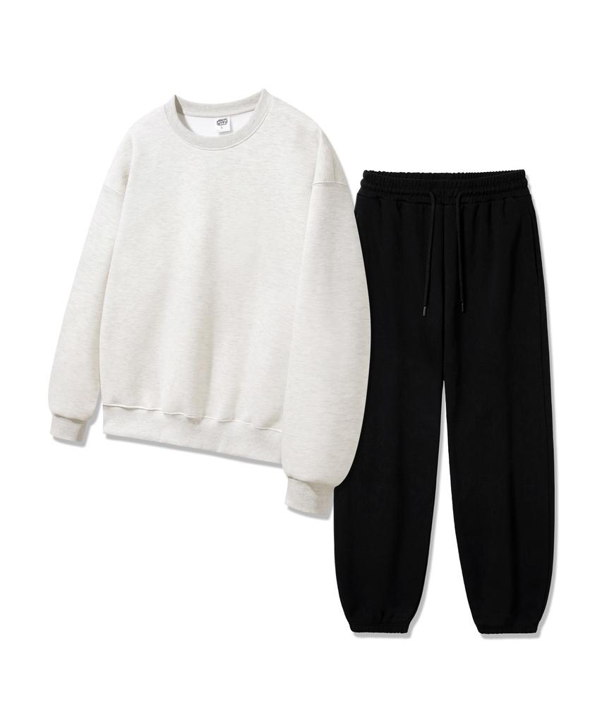 ALVINCLO [Set][Fleece-Lined] Plain Oversized Sweatshirt Jogger/Semi-Wide Pants Set