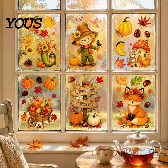Holiday Window Decals for Glass 6 Sheets Autumn Harvest Stickers, Thanksgiving Cartoon Static Cling Decorations with Fall Art Pumpkins Maple