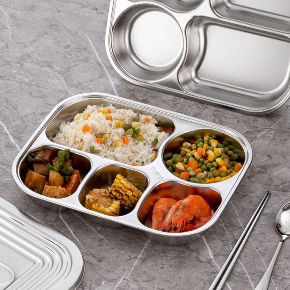 4/5-Compartments Divided Dinner Plate with Lid School Food Plate Divided Dinner Tray  Kindergarten