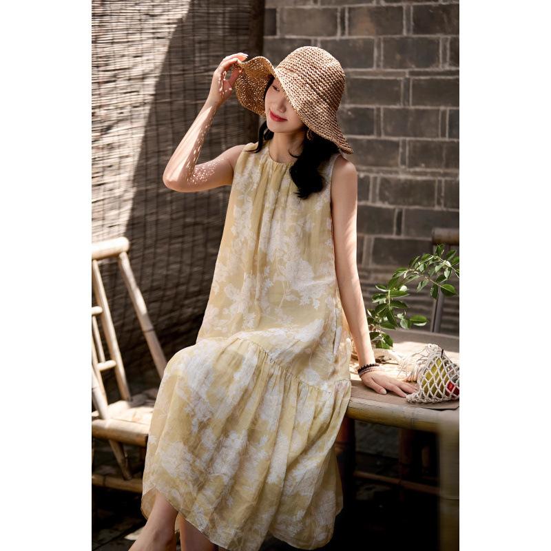 Japanese and Korean In-stock Seaside Vacation Dress ~ Jasmine Style Shallow Cool + Paper-cut Printed Sleeveless Dress Summer New Arrival