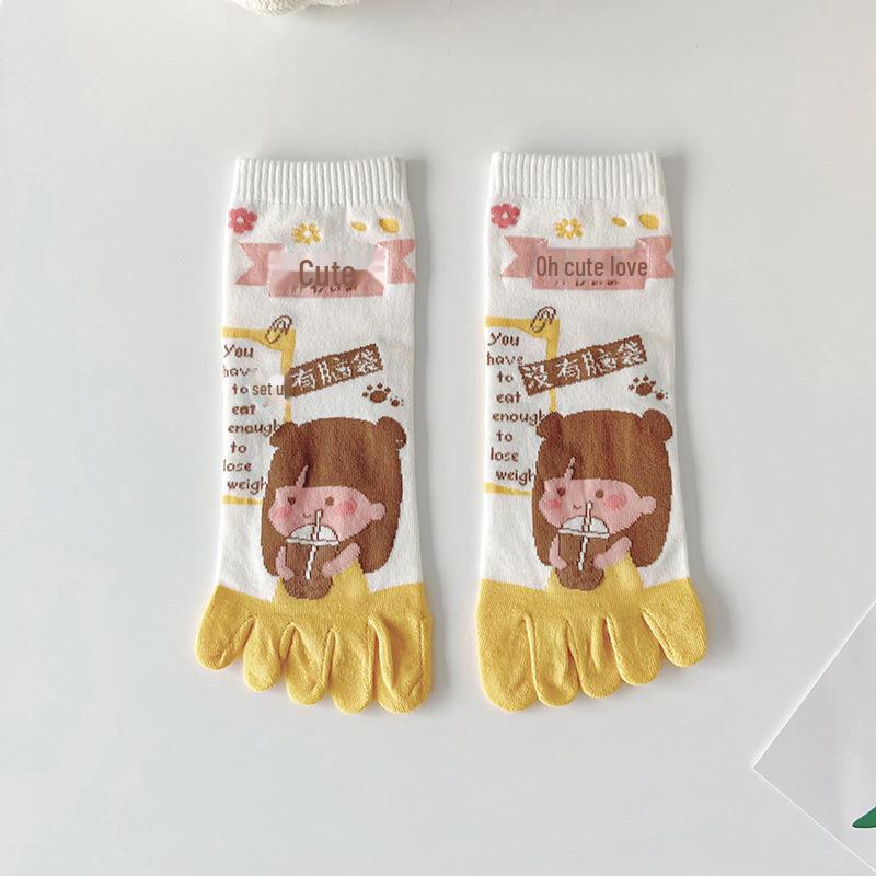 Women's Cute Cartoon Five-Toe Cotton Socks - Breathable, Sweat-Absorbent, Anti-Fungal, Ideal for Spring/Summer, Mid-Tube Length