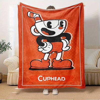 1pc Cuphead,Cartoon,Orange Flannel Blanket Lightweight Soft for All Seasons, Ideal for Couch, Office, Bed, Travel, Camping Throw