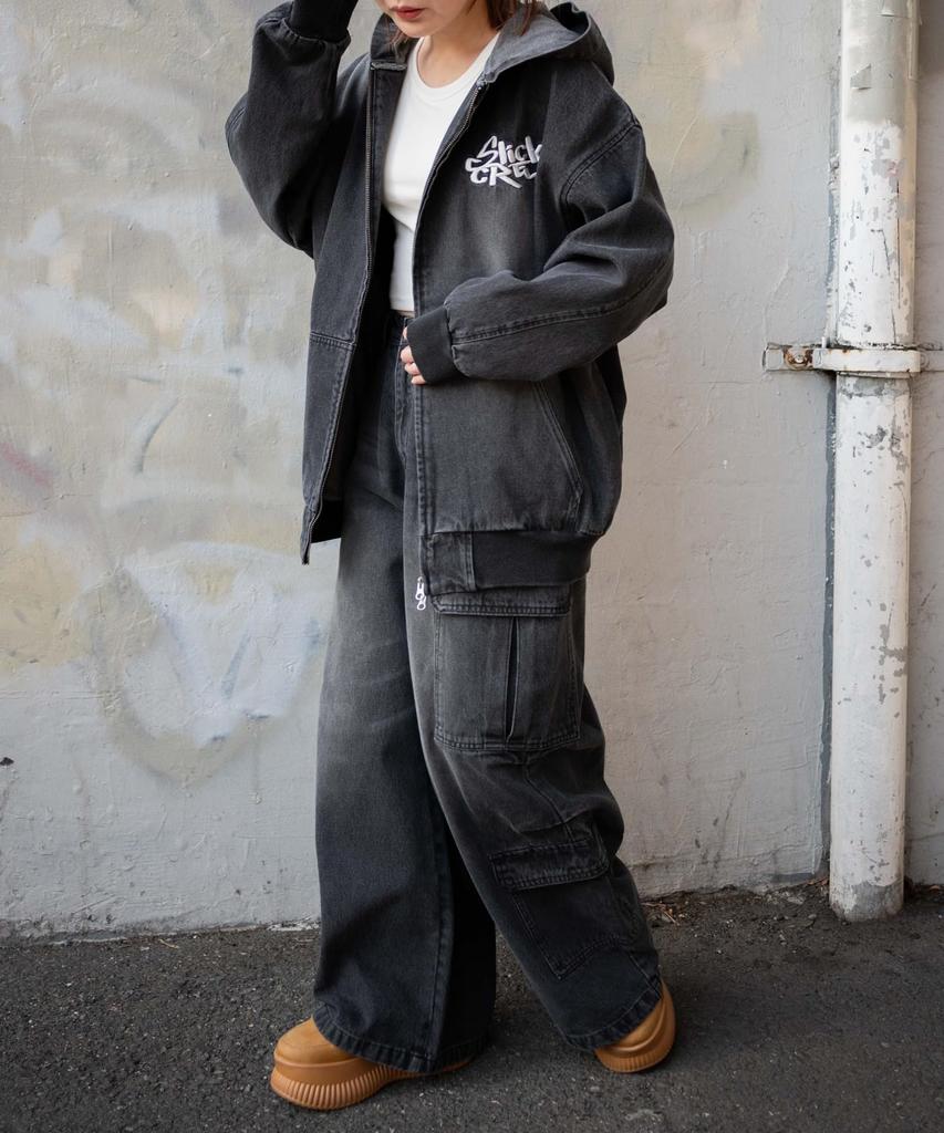 WEGO Vintage Wash Baggy Cargo Korean Dance Size Black Pants, Wide-Leg Trousers, Trousers, Bottoms, Streetwear, Casual, Style, Wear, Spring, Summer,